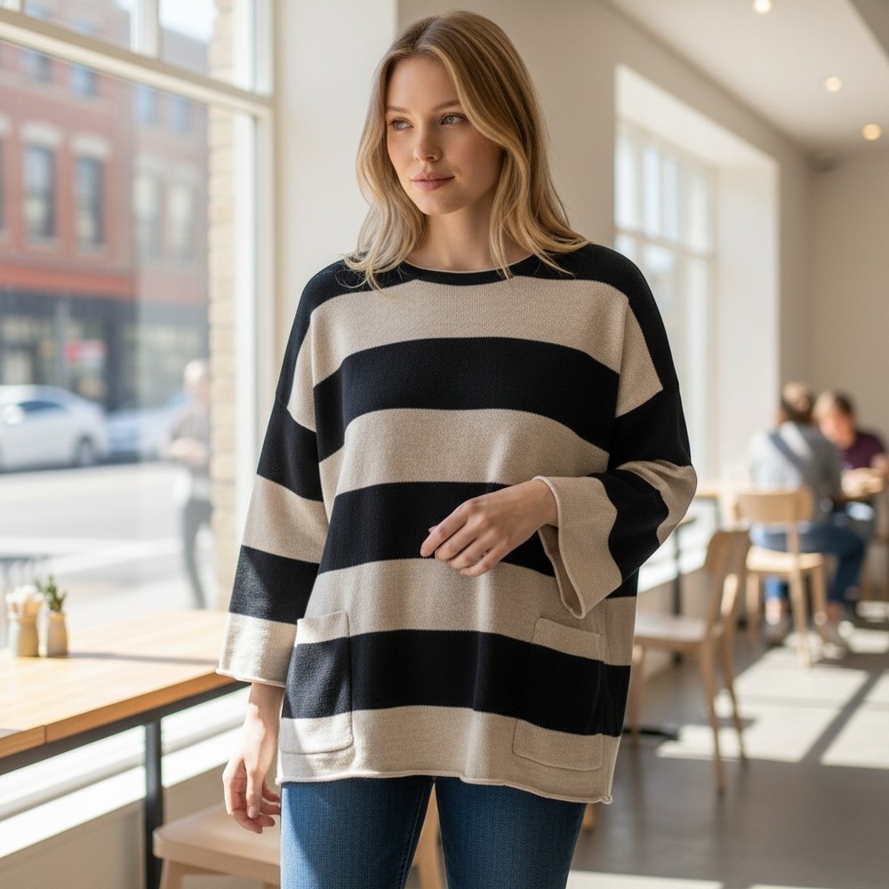 Eileen Fisher Organic Linen Striped Sweater Petite Small Black Beige Pockets